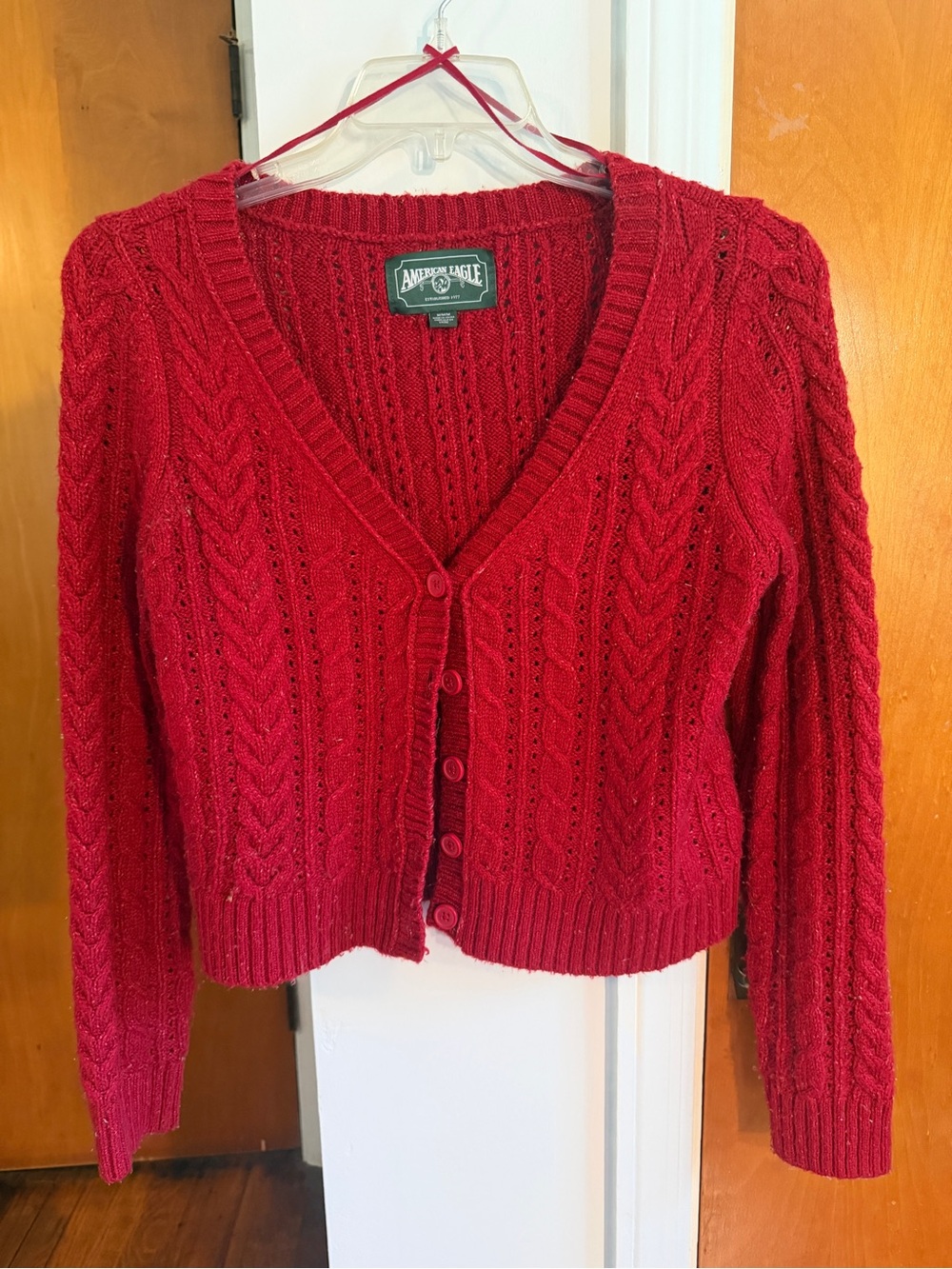 American Eagle Outfitters Red Cable Knit Cropped Button Cardigan